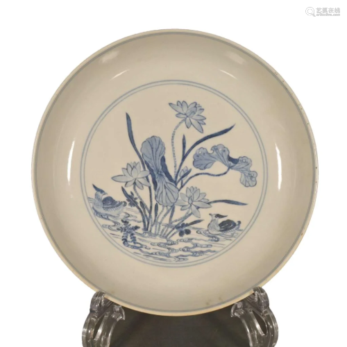 A Fine Blue And White Lotus Pond Mandarin Duck Lying Plate