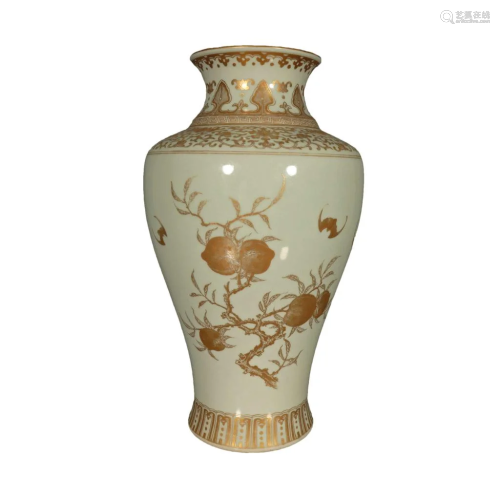 A Fine Bean-Green Glazed Golden Color Longevity Peach Vase