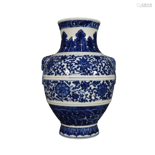 A Blue And White Beast-Handled Vase