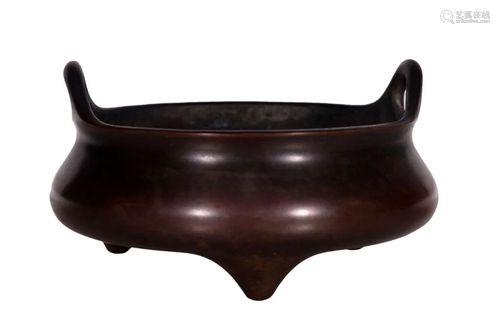 A Gorgeous Tripod Double-ear-shaped Copper Furnace