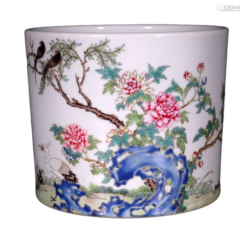 A Lovely Famille-rose Flower& Bird Brush Pot