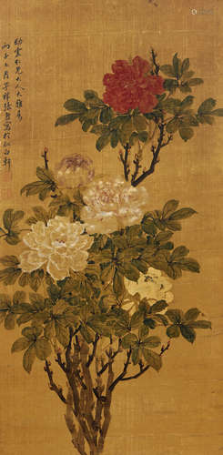 张熊 丙子（1876年）作 牡丹 立轴 设色绢本 立轴