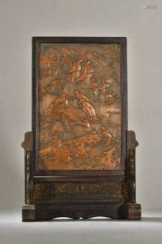 A Fine Bamboo Carved Figures Screen