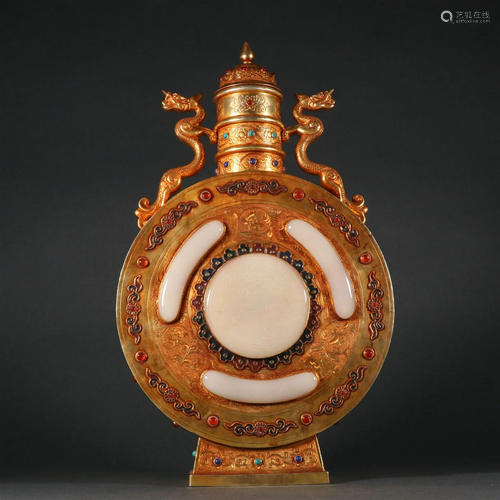 A Fine Gilt-bronze Inlaid Jade and Gems Bottle