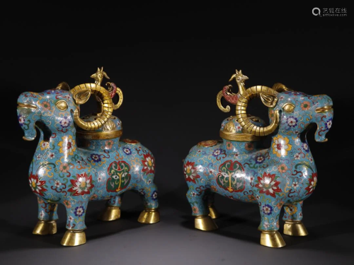 A Pair of Gilt-bronze Cloisonne Ram Ornament