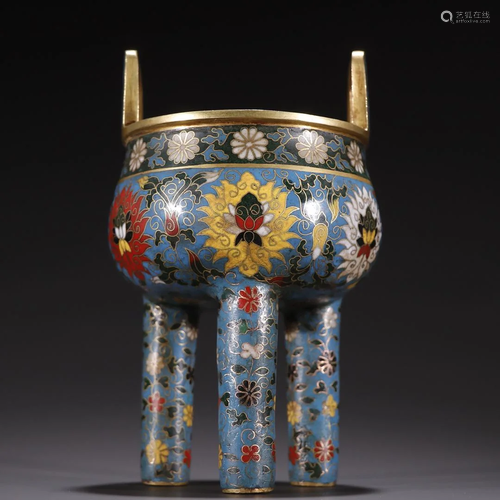 A Rare Gilt-bronze Cloisonne Three-legged Censer