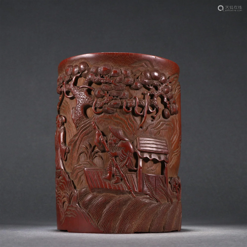 A Fine Bamboo Carved Figures Pen Holder