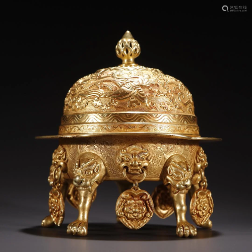 A Fine Gilt-bronze Censer With Beast Face Pattern