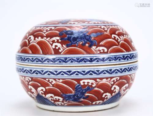 A CHINESE BLUE AND WHITE IRON RED GLAZE PORCELAIN DRAGON PAT...