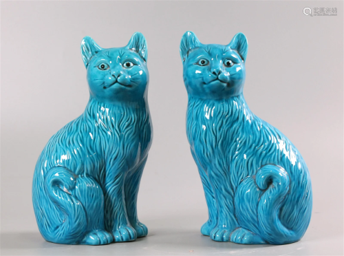 pair of Chinese turquoise glazed porcelain cats