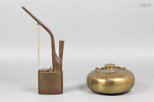 Chinese bronze opium pipe and bronze foot warmer