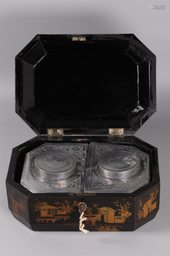 Chinese tea caddies in lacquer box, possibly 19th c.
