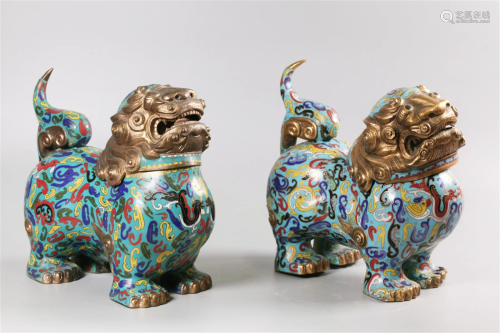 pair of Chinese cloisonne foo lions