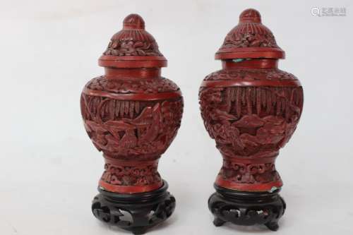 Pair of Chinese Cinnabar Vase