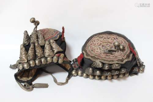 Two Chinese Child Hat w Silver Ornament, 19th.C