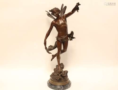 19th.C Bronze Statue of Yound Men w Wing