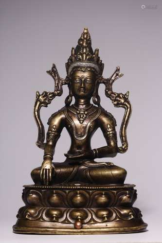 Chinese Bronze Buddha w Silver Inlaid