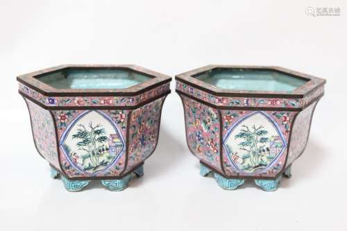 Pair of Chinese Cloisonne 
Hexagon Planter