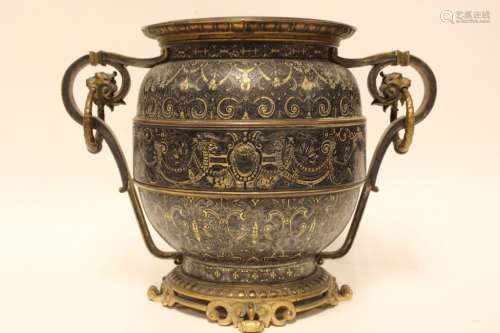 Spanish Style Bronze &Gold Inlaid Vase w Double Ha