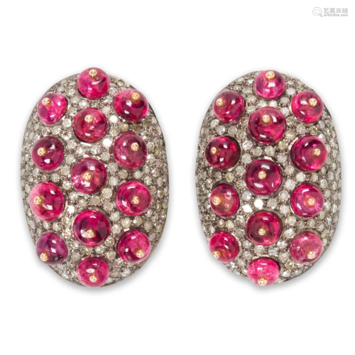 A pair of pink spinel and diamond earrings