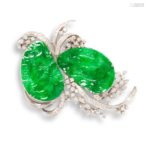 A Retro jadeite "A" jade, diamond and eighteen kar...
