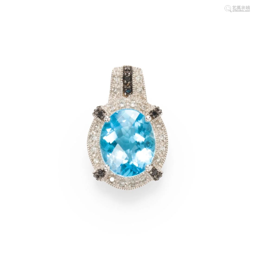 A blue topaz, diamond and fourteen karat white gold pendant