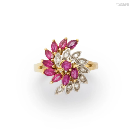 A ruby, diamond and fourteen karat gold ring