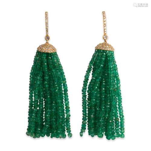 A pair of emerald, diamond and fourteen karat gold earrings