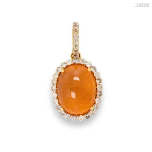 An orange garnet, diamond and eighteen karat gold pendant