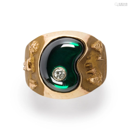 A diamond, enamel and fourteen karat gold ring