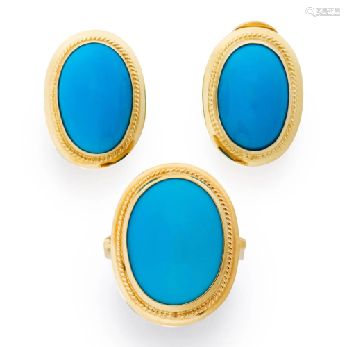 A turquoise and eighteen karat gold ring and earrings suite