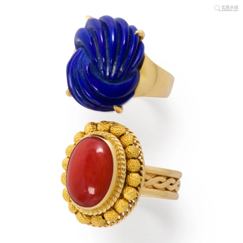 A group of gemstone and eighteen karat gold ring