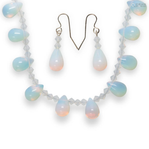 A pair of opal and sterling silver earrings and necklace sui...