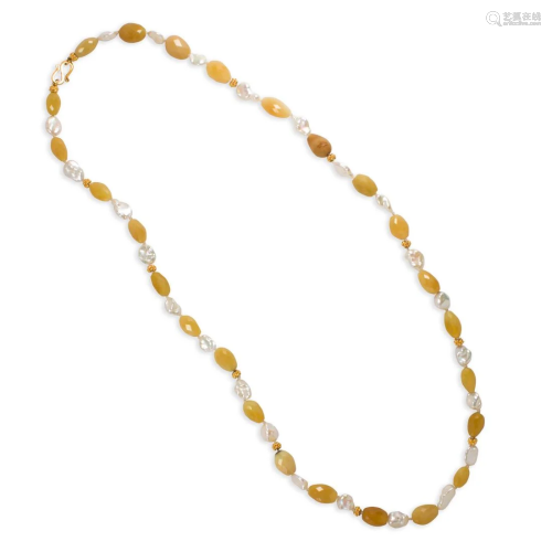 A yellow opal, keshi pearl and eighteen karat gold necklace