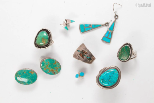 Group of four Navajo turquoise rings and four pairs of earri...
