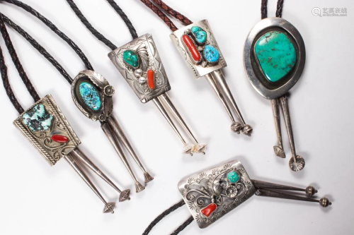 (Lot of 6) Navajo turquoise and coral inlaid silver bolo tie...