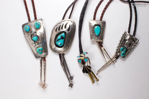 (Lot of 5) Navajo turquoise and coral stones inlaid silver b...