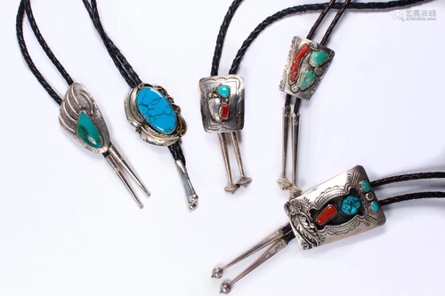 (Lot of 5) Navajo turquoise and coral inlaid silver bolo tie...