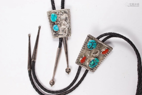 (Lot of 2) Navajo turquoise inlaid sterling bolo ties