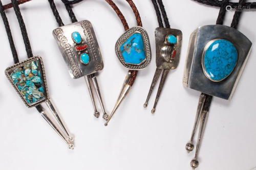 (Lot of 5) Navajo turquoise and coral silver bolo ties