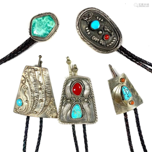 (Lot of 5) Bennett Navajo turquoise inlaid silver bolo ties