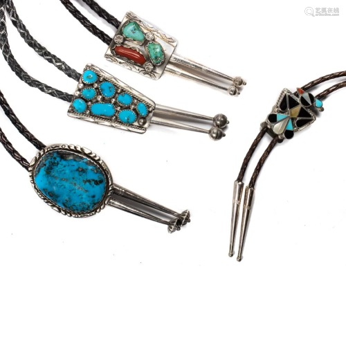 (Lot of 4) Navajo or Zuni turquoise and coral bolo silver bo...