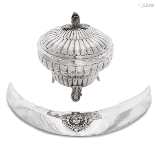A Spanish Colonial style silver covered bowl & sterling ...