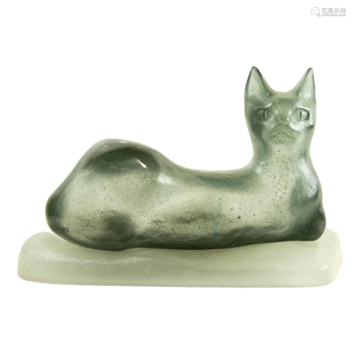 A Daum pate de verre figure of recumbent cat designed by Cla...
