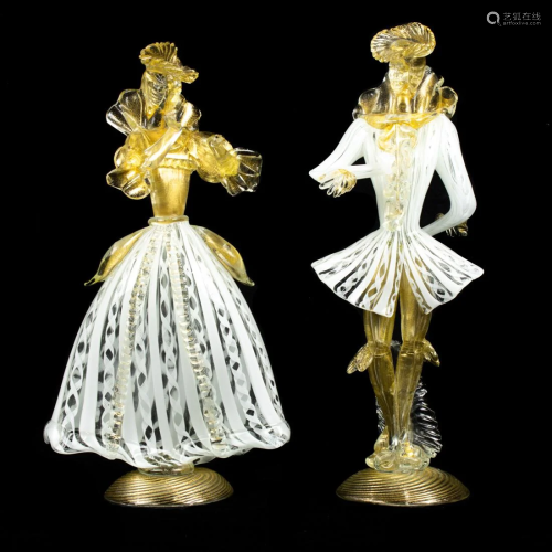 A pair of Murano gold flecked white and clear glass latticin...