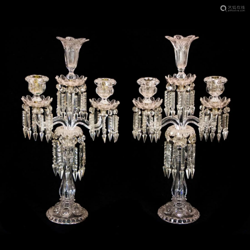 A pair of Baccarat molded glass three-light candelabra in th...