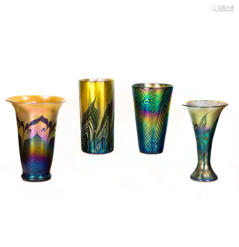 (Lot of 4) Lundberg Studios iridescent glass vases