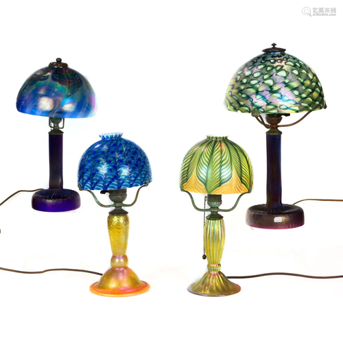 (Lot of 4) Lundberg Studios iridescent art glass table lamps