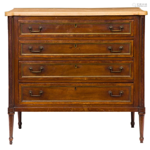 A French marble top and brass mounted chest of drawers
