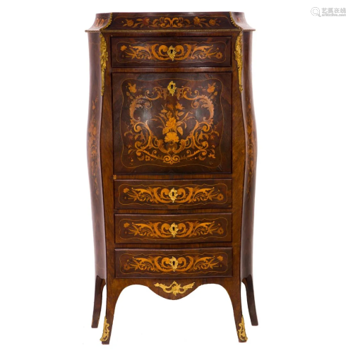 A French Louis XV style bronze mounted and marquetry decorat...
